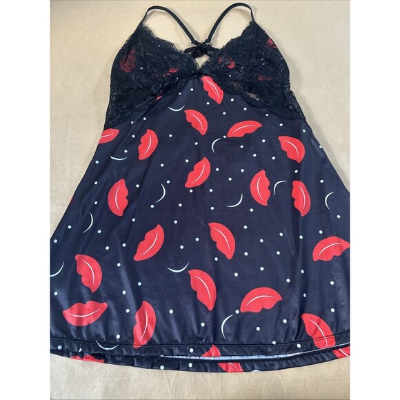 Women’s Red And Black Lips Lingerie Chemise Lace Cut Out Size Large Dress - Picture 4 of 8